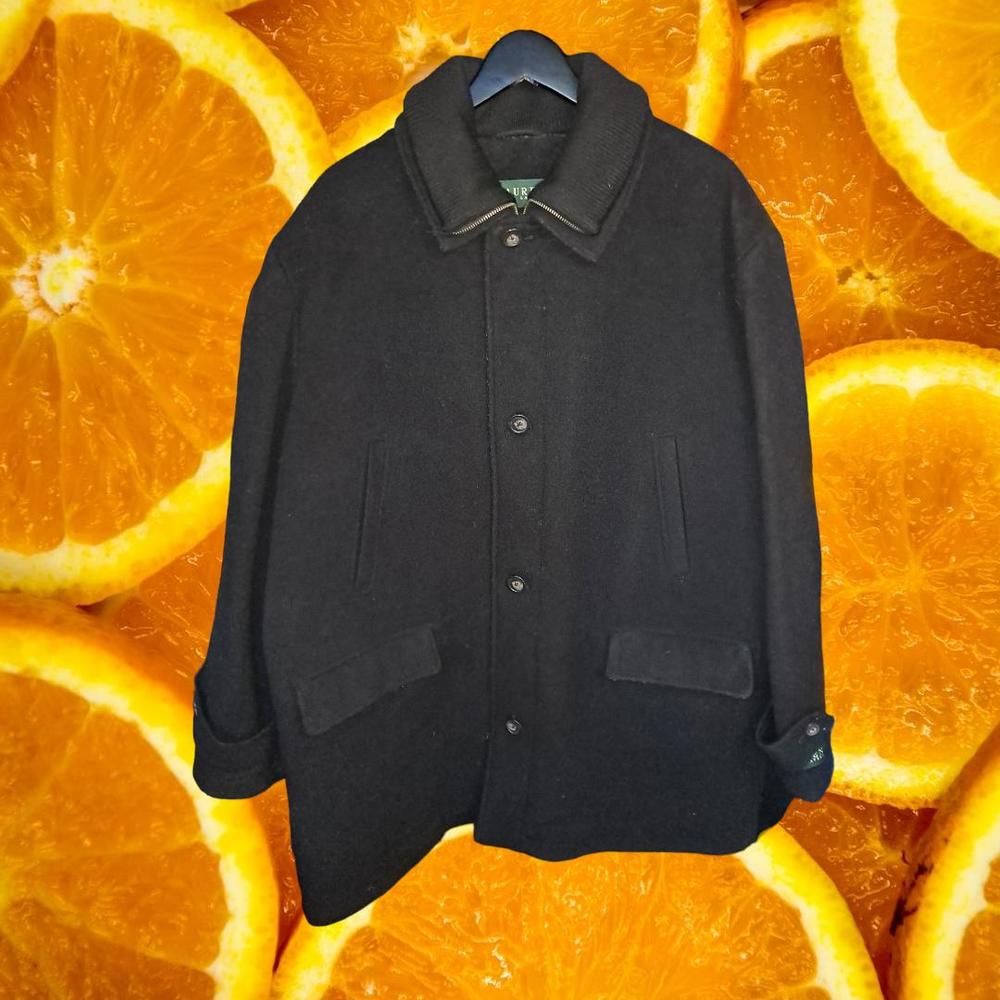 Lauren Ralph Lauren Wool Blend Overcoat with Button and Zipper Black Size XL